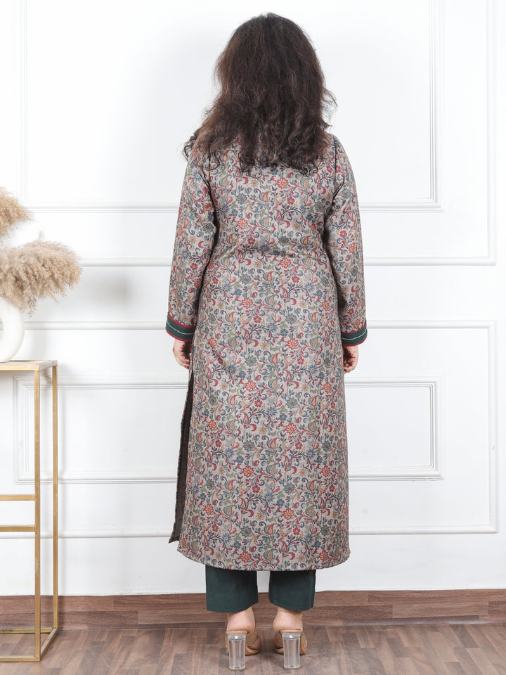 Pranjali Tan Beige V Neck with Mirror Work Floral Print Semi Pashmina Winter Kurti