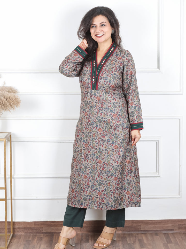 Pranjali Tan Beige V Neck with Mirror Work Floral Print Semi Pashmina Winter Kurti