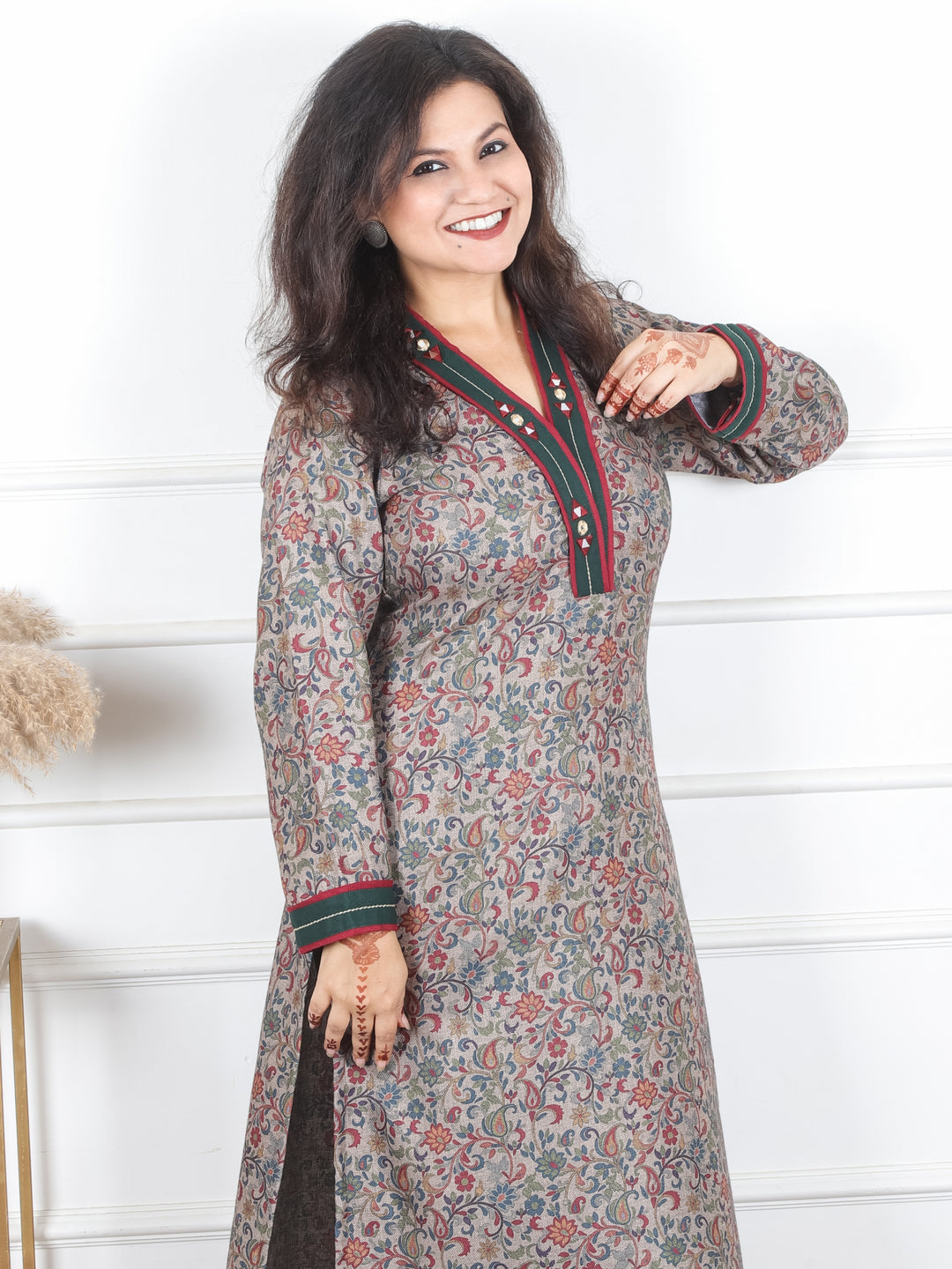 Pranjali Tan Beige V Neck with Mirror Work Floral Print Semi Pashmina Winter Kurti