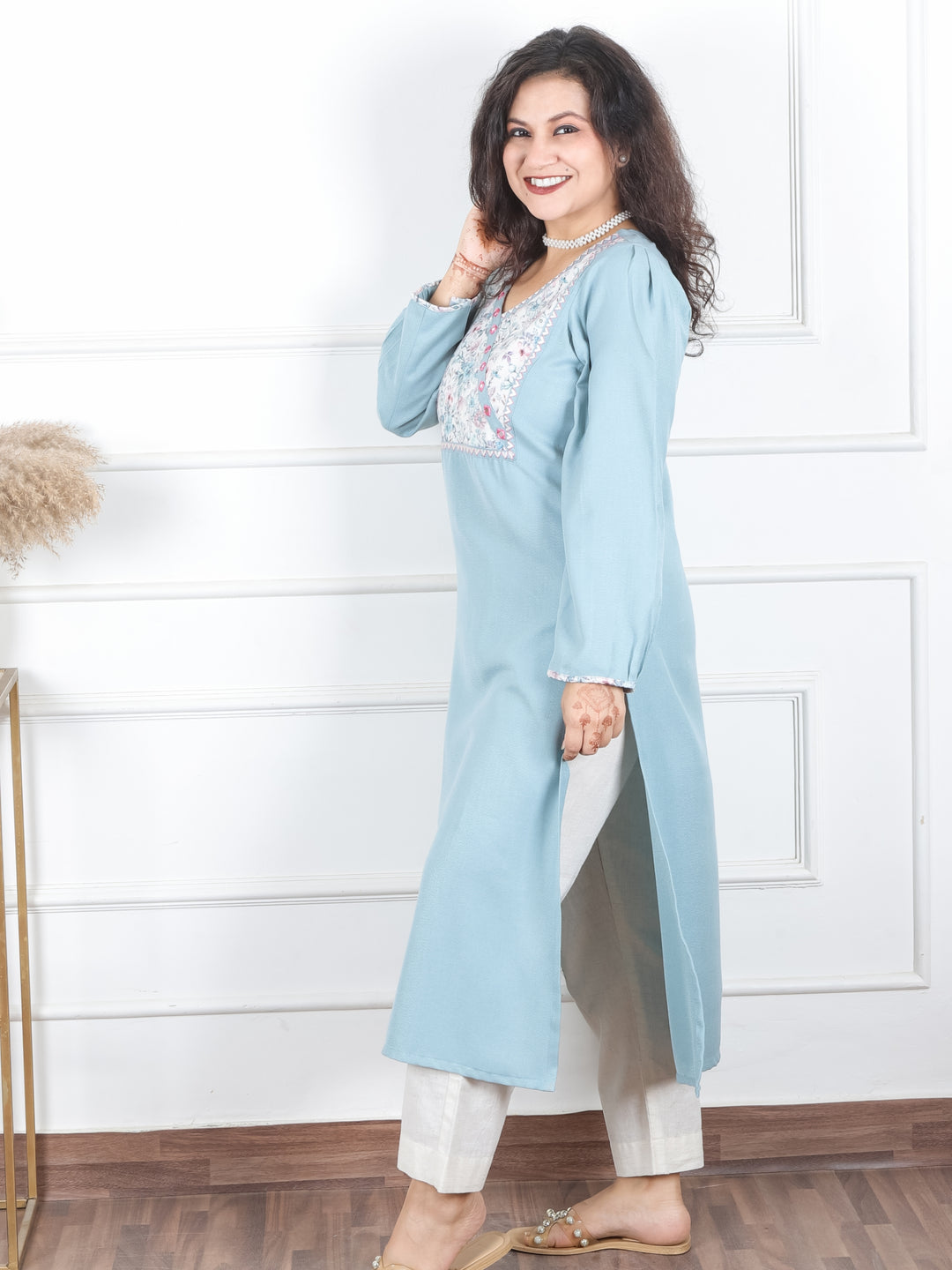 Heer Powder Blue Floral Patch with Mirror in Angrakha Neck Semi Pashmina Winter Kurti