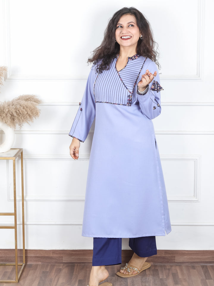 Shanti Soft Lilac Ban Collar Angrakha Neck with Detailing Semi Pashmina Winter Kurti