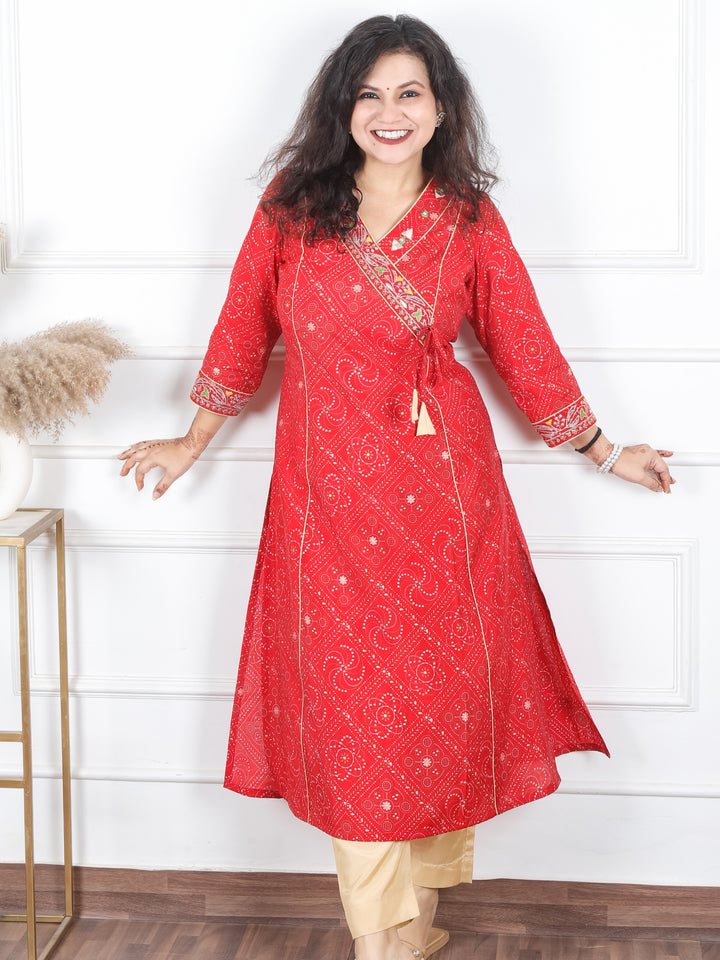 Deepti Bride Red Angrakh Neck with Knot in Panel Style Bandhani Print Modal Kurti
