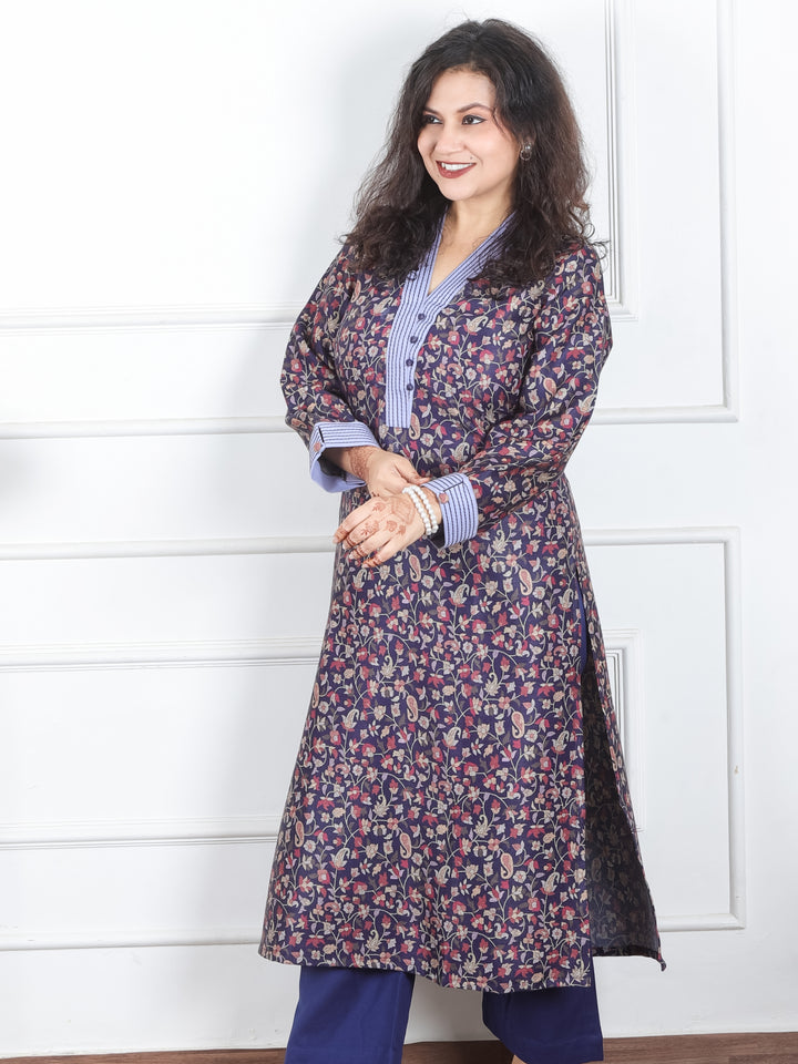 Pranjali Navy Blue Thread Work in Floral Printed Semi Pashmina Winter Kurti