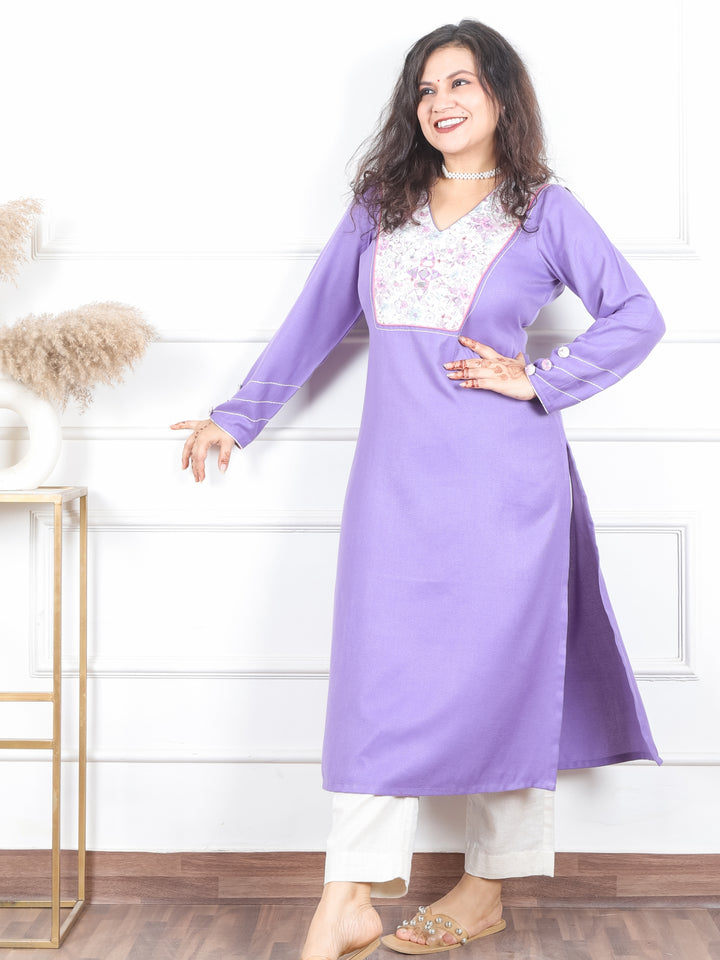 Rashi Lilly Lilac with Mirror Work on Floral Print Patch Semi Pashmina Winter Kurti