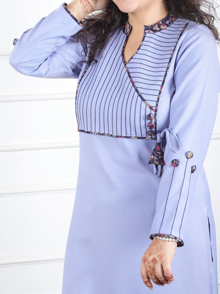 Shanti Soft Lilac Ban Collar Angrakha Neck with Detailing Semi Pashmina Winter Kurti