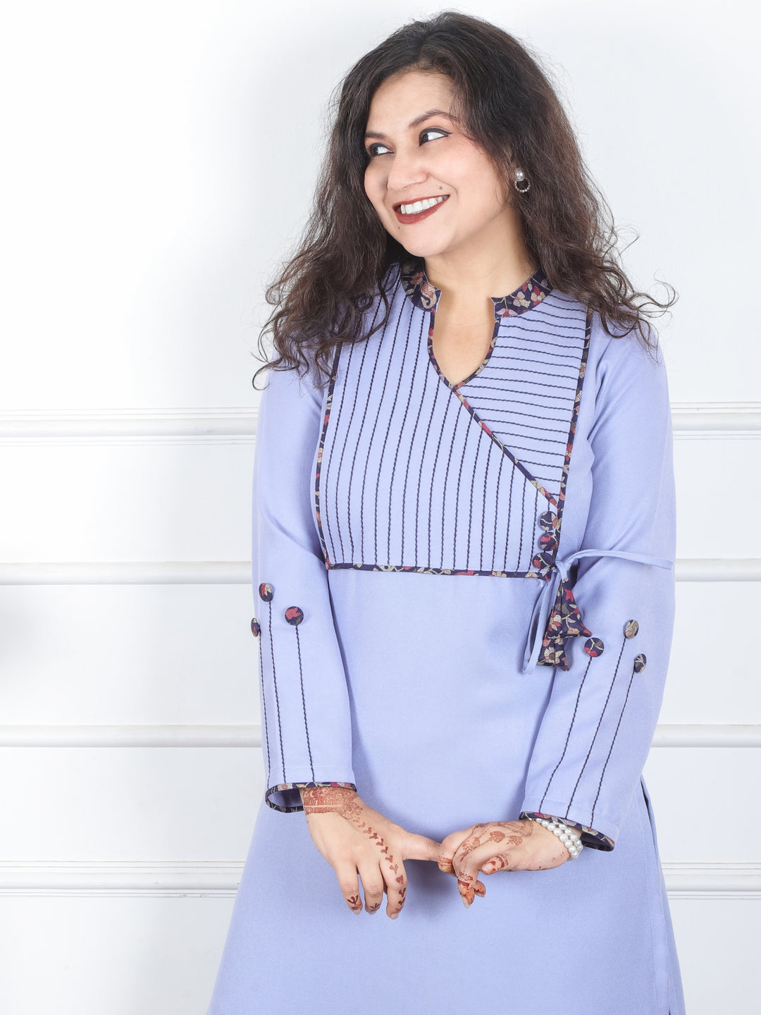 Shanti Soft Lilac Ban Collar Angrakha Neck with Detailing Semi Pashmina Winter Kurti