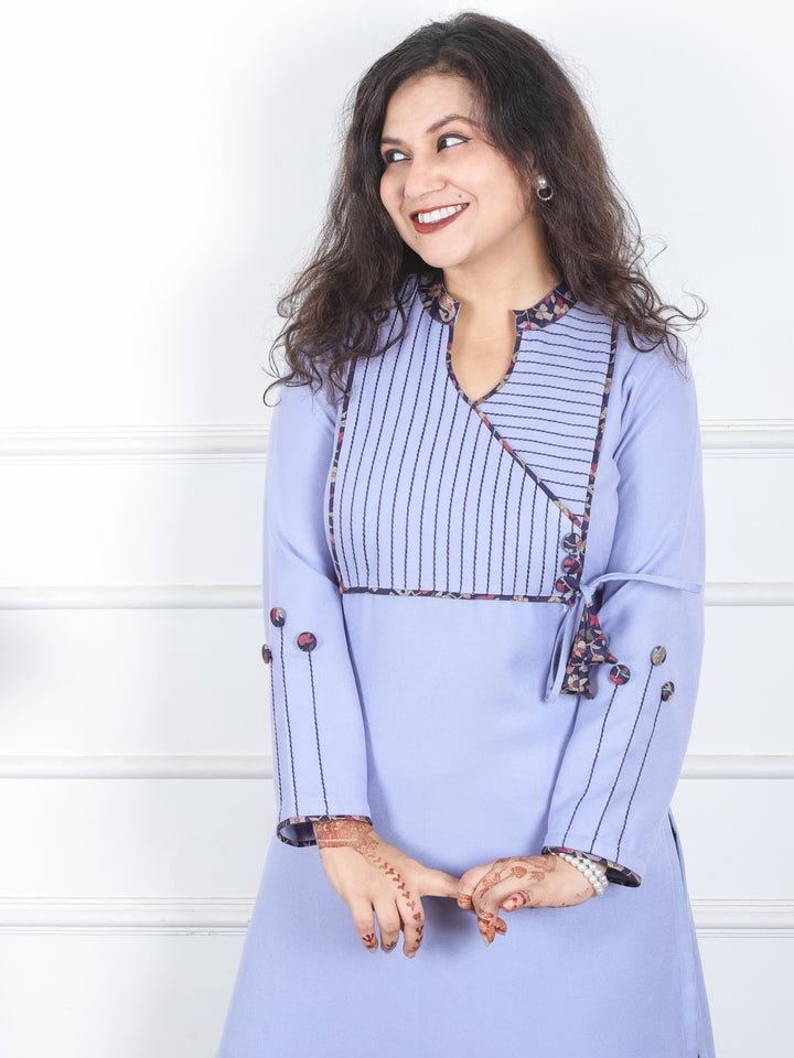 Shanti Soft Lilac Ban Collar Angrakha Neck with Detailing Semi Pashmina Winter Kurti