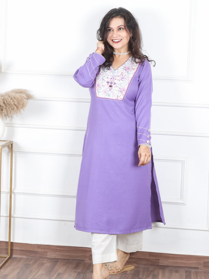 Rashi Lilly Lilac with Mirror Work on Floral Print Patch Semi Pashmina Winter Kurti