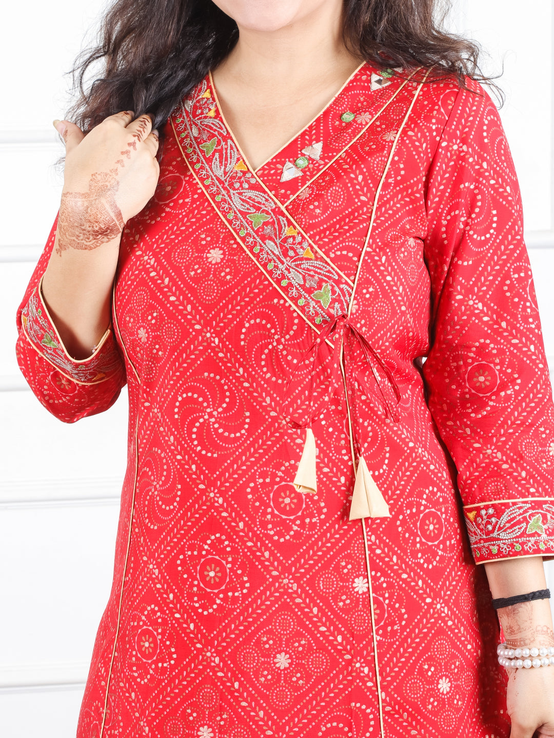 Deepti Bride Red Angrakh Neck with Knot in Panel Style Bandhani Print Modal Kurti