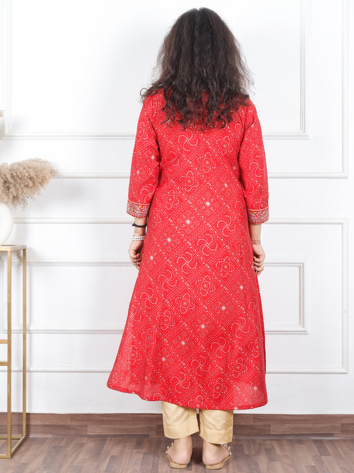 Deepti Bride Red Angrakh Neck with Knot in Panel Style Bandhani Print Modal Kurti