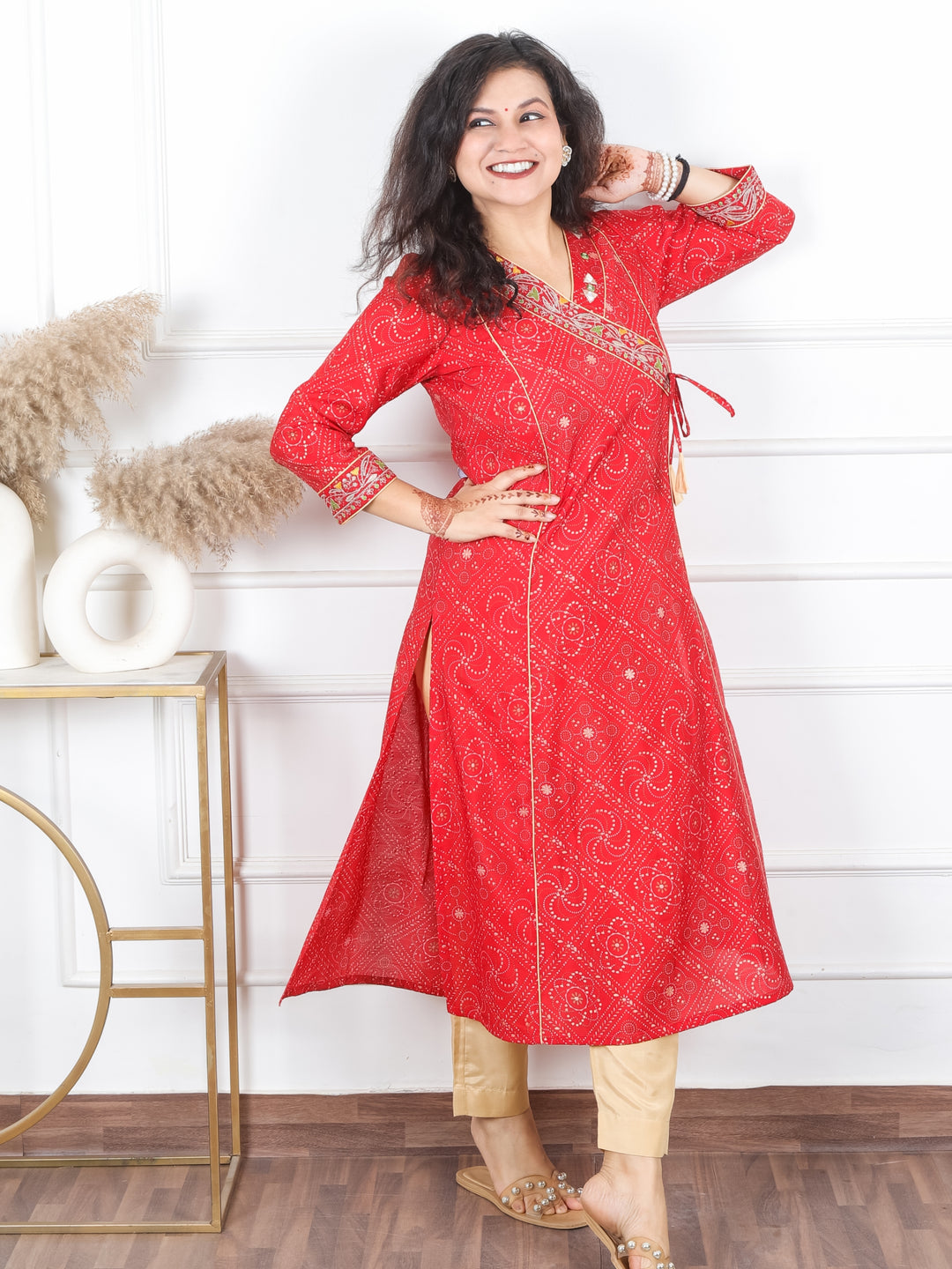 Deepti Bride Red Angrakh Neck with Knot in Panel Style Bandhani Print Modal Kurti