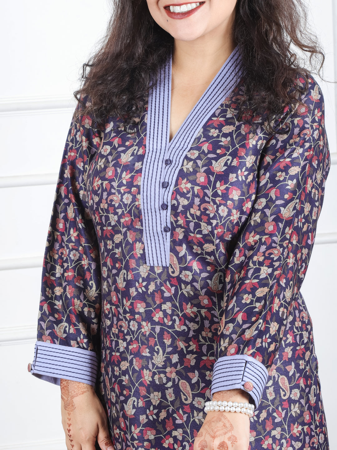 Pranjali Navy Blue Thread Work in Floral Printed Semi Pashmina Winter Kurti
