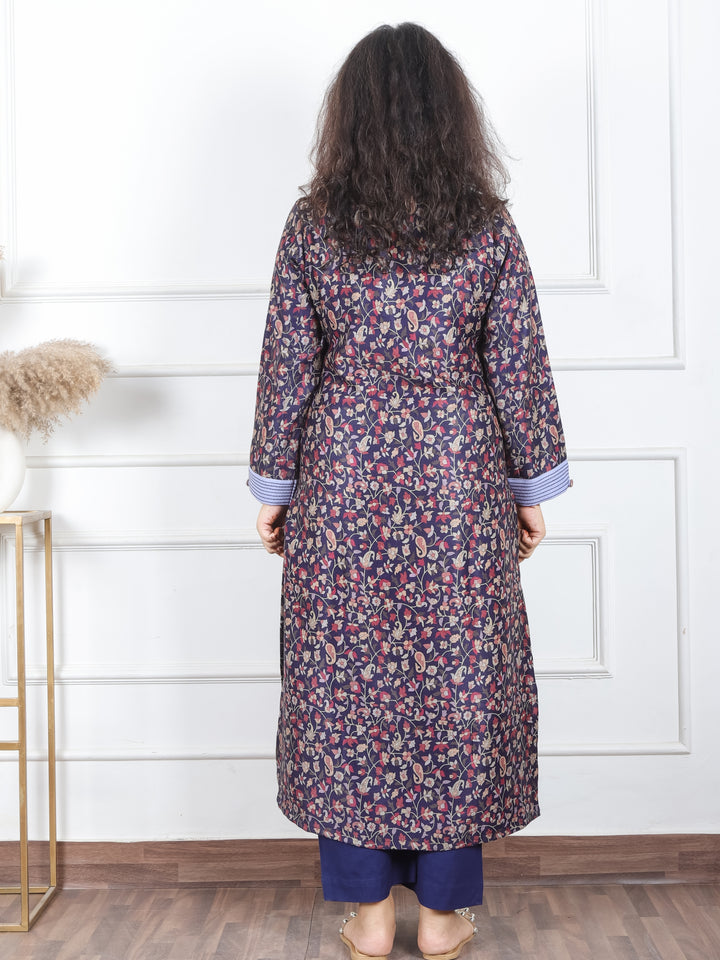 Pranjali Navy Blue Thread Work in Floral Printed Semi Pashmina Winter Kurti