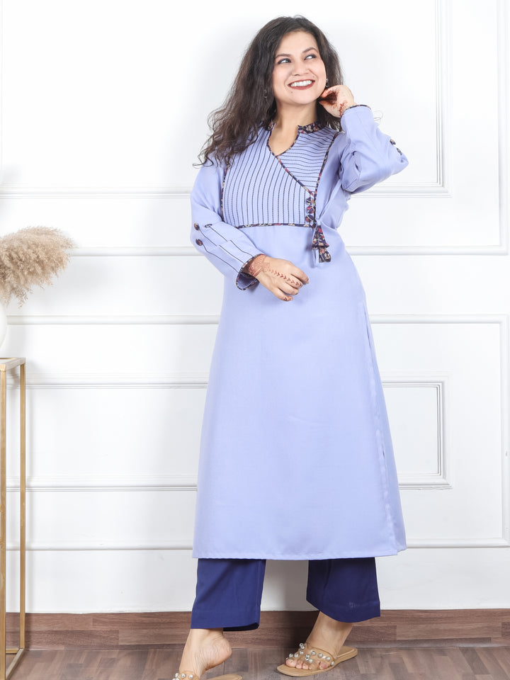 Shanti Soft Lilac Ban Collar Angrakha Neck with Detailing Semi Pashmina Winter Kurti