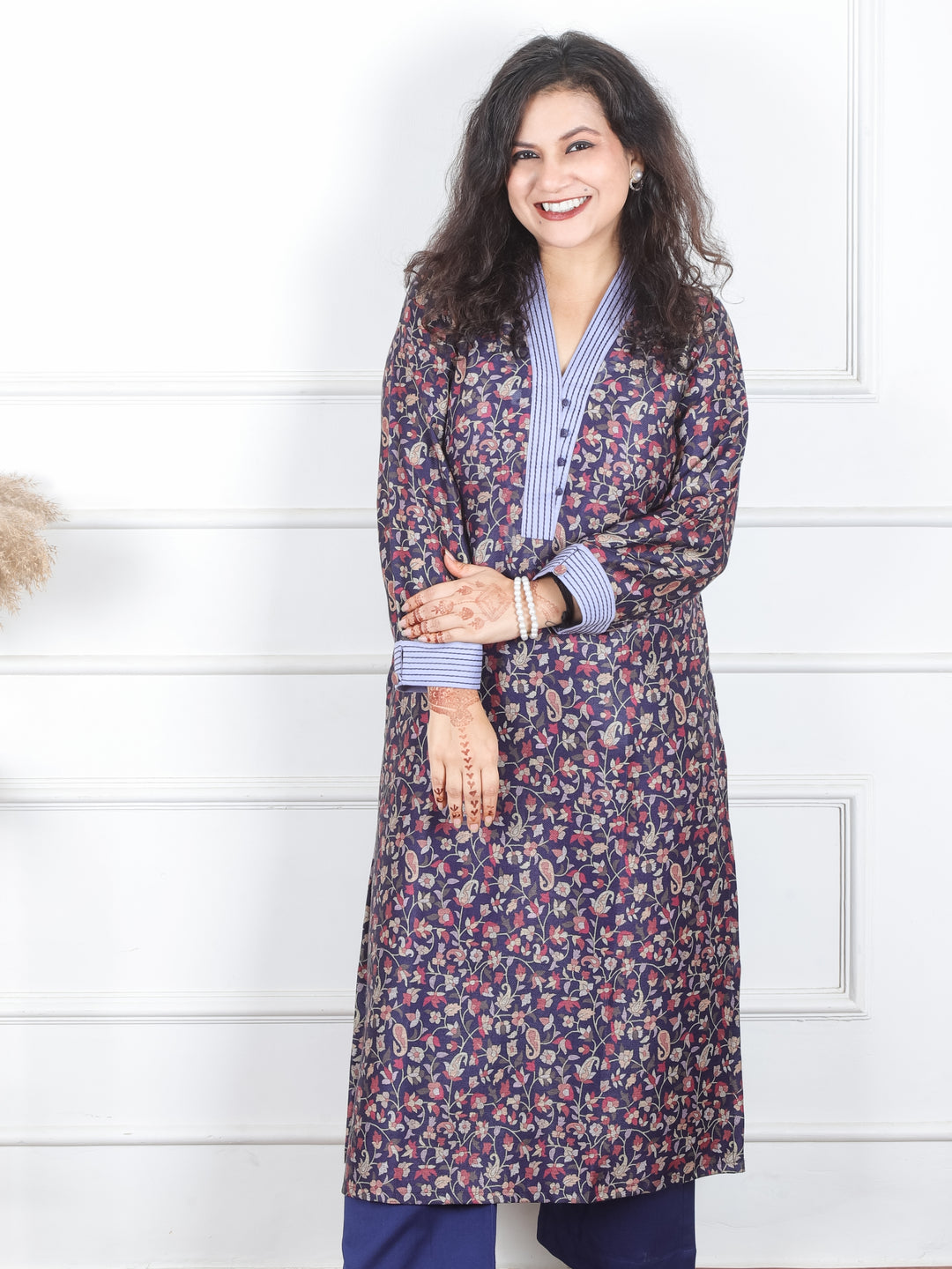 Pranjali Navy Blue Thread Work in Floral Printed Semi Pashmina Winter Kurti