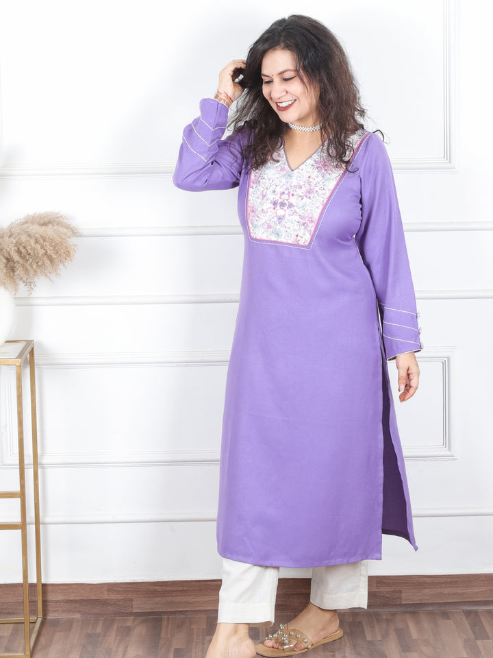 Rashi Lilly Lilac with Mirror Work on Floral Print Patch Semi Pashmina Winter Kurti