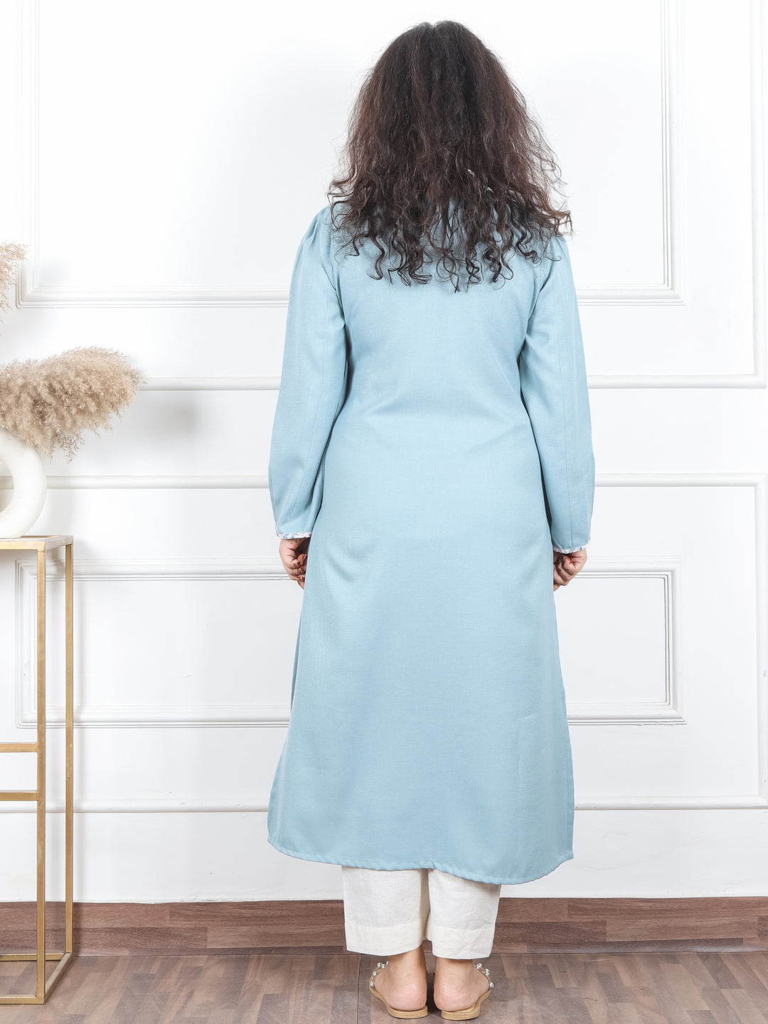 Heer Powder Blue Floral Patch with Mirror in Angrakha Neck Semi Pashmina Winter Kurti