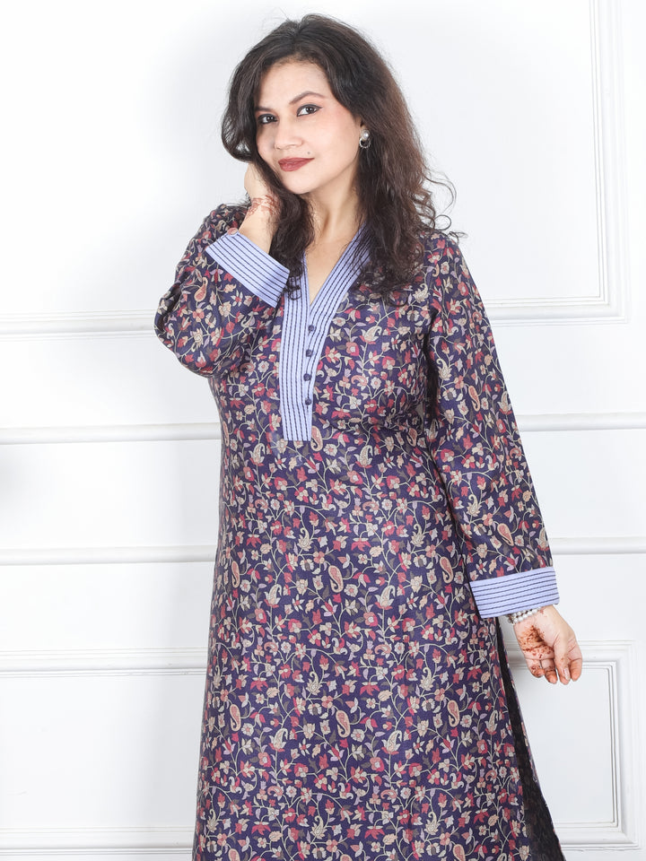 Pranjali Navy Blue Thread Work in Floral Printed Semi Pashmina Winter Kurti