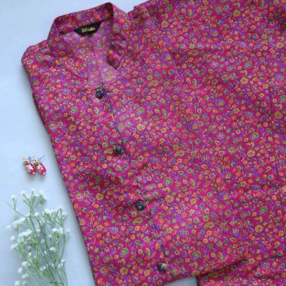 Cerise Pink Floral Printed Semi Pashmina Kurti