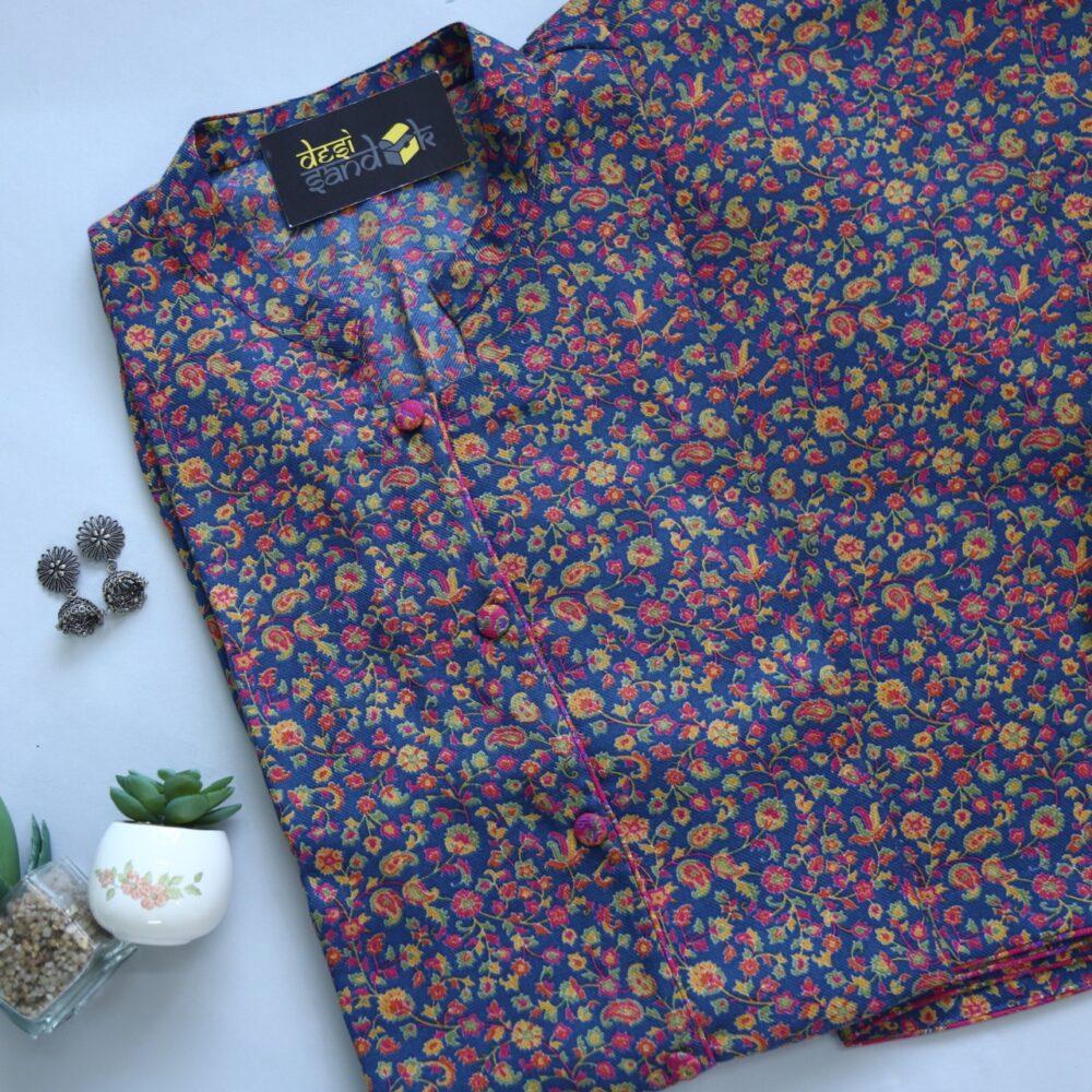 Navy Blue Floral Printed Semi Pashmina 2 Piece Set
