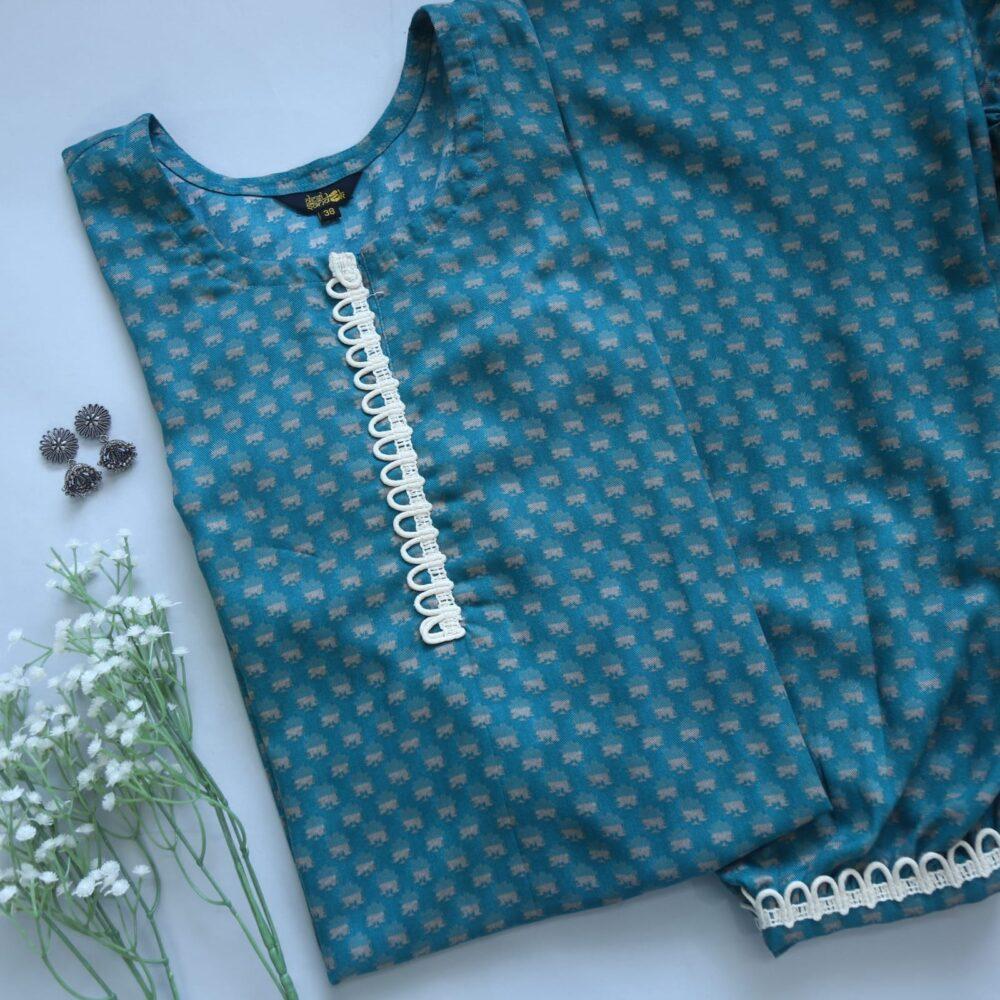 Teal Blue Semi Pashmina Balloon Bottom Co Ord Set