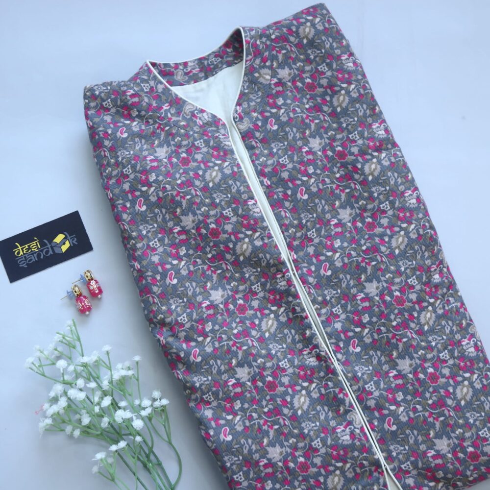 Flint Grey Printed Semi Pashmina Long Coat