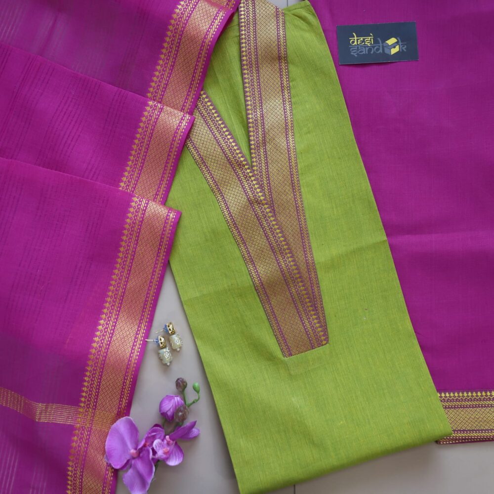 Neon Green South Cotton Top with Mangalgiri Hem 3 Piece Set