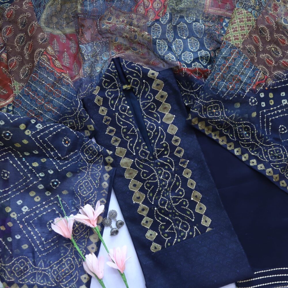 Dark Denim Chanderi Kantha 3 Piece Set