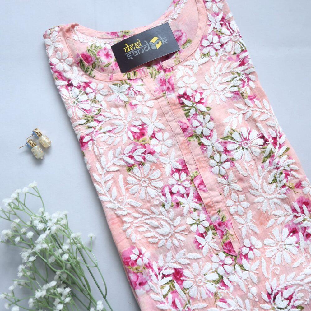 Light Peach Printed Chikankari Kurti