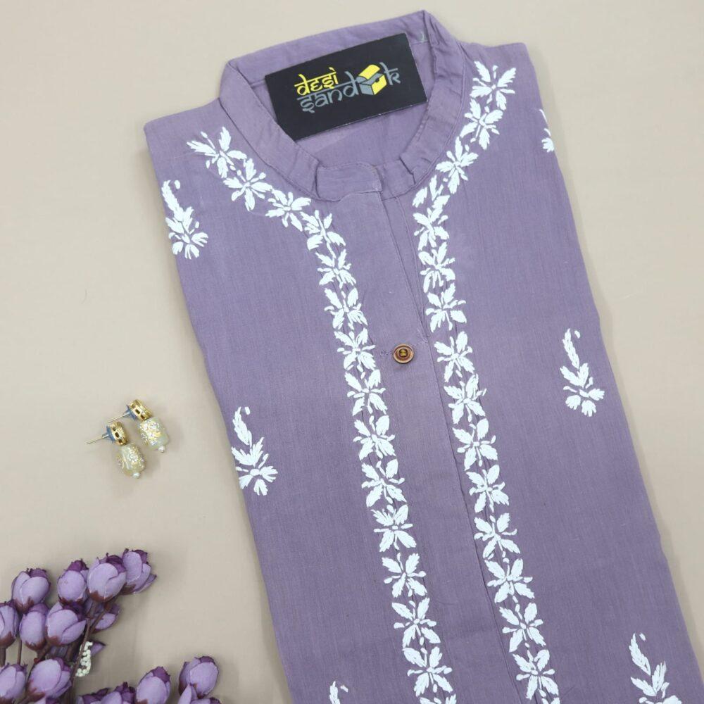 Royal purple Chinese Collared Cotton Chikankari A Line Kurti