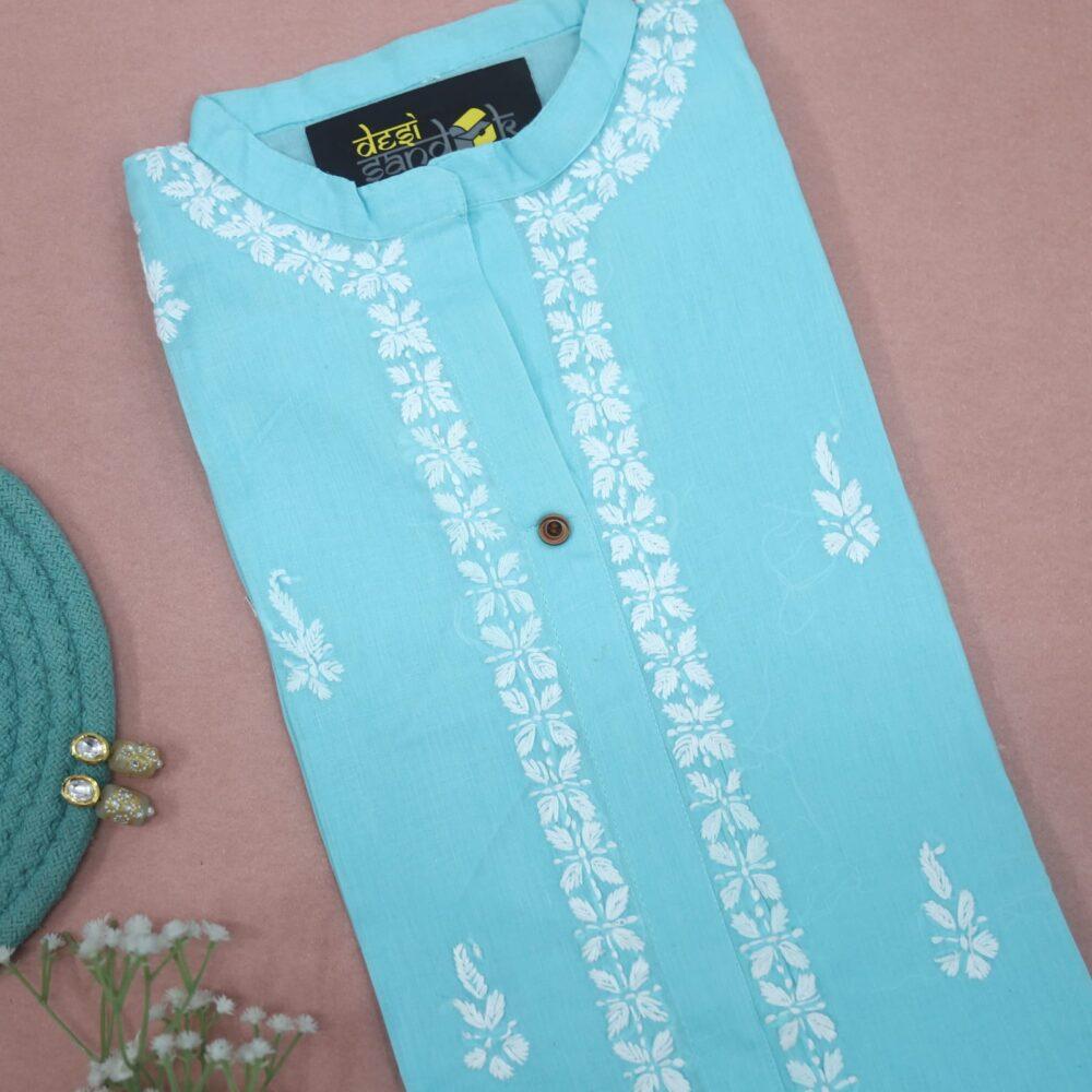 Tiffany Blue Chinese Collared Cotton Chikankari A Line Kurti