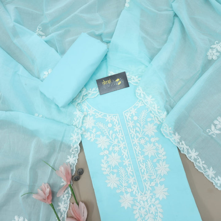 Suffi Light Blue Chikankari Work Inspired Neck Cotton Suit Set