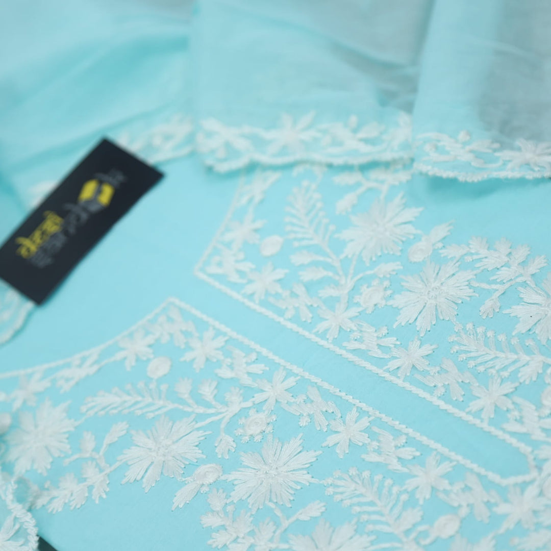 Suffi Light Blue Chikankari Work Inspired Neck Cotton Suit Set