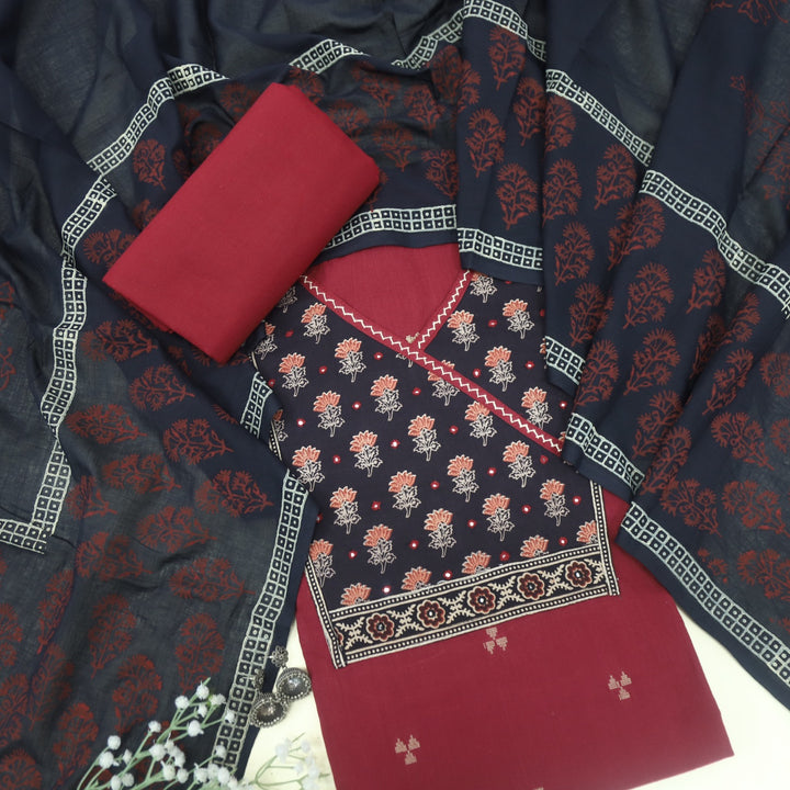 Ruyas Cherry Red Angrkha Style Ajrak Printed Cotton Suit Set