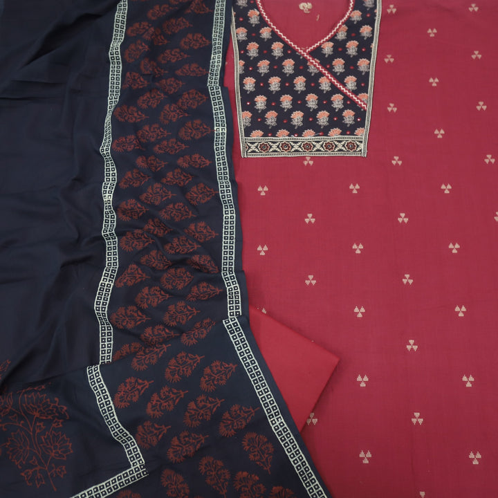 Ruyas Cherry Red Angrkha Style Ajrak Printed Cotton Suit Set