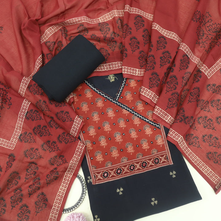 Ruyas Ebony Black Angrkha Style Ajrak Printed Cotton Suit Set