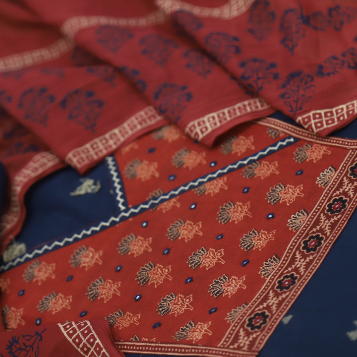 Ruyas Denim Blue Angrkha Style Ajrak Printed Cotton Suit Set
