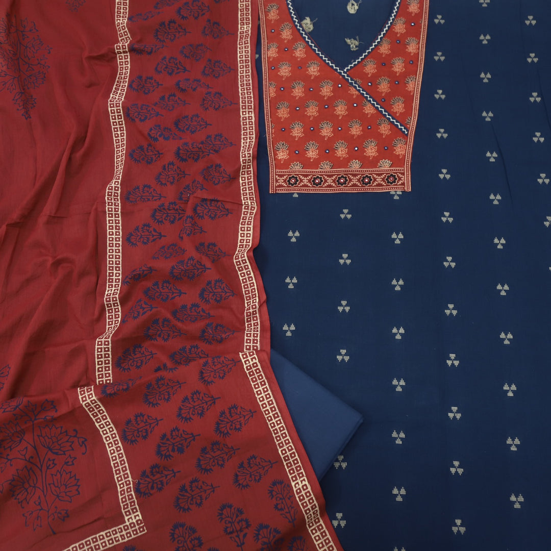 Ruyas Denim Blue Angrkha Style Ajrak Printed Cotton Suit Set