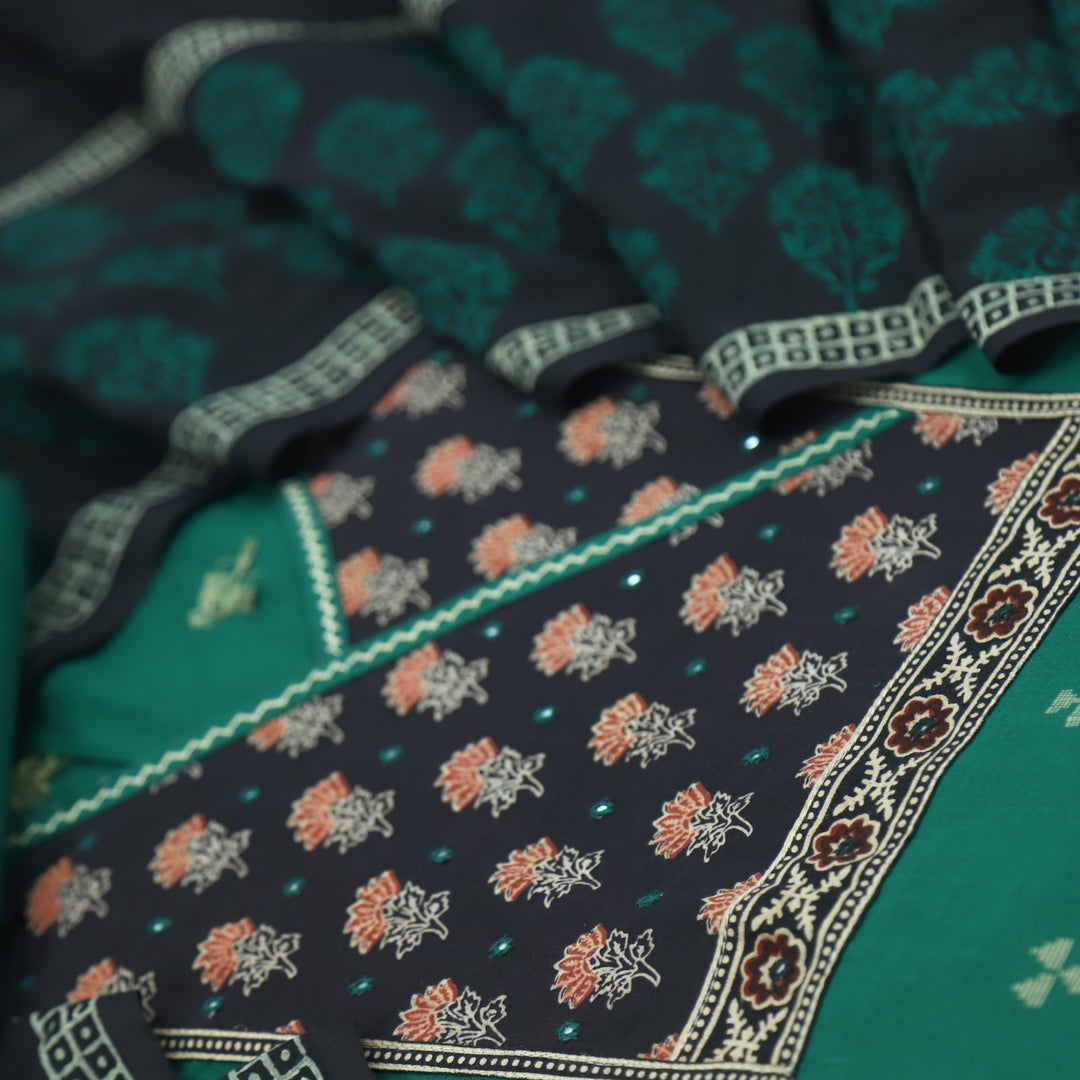 Ruyas British Green Angrkha Style Ajrak Printed Cotton Suit Set