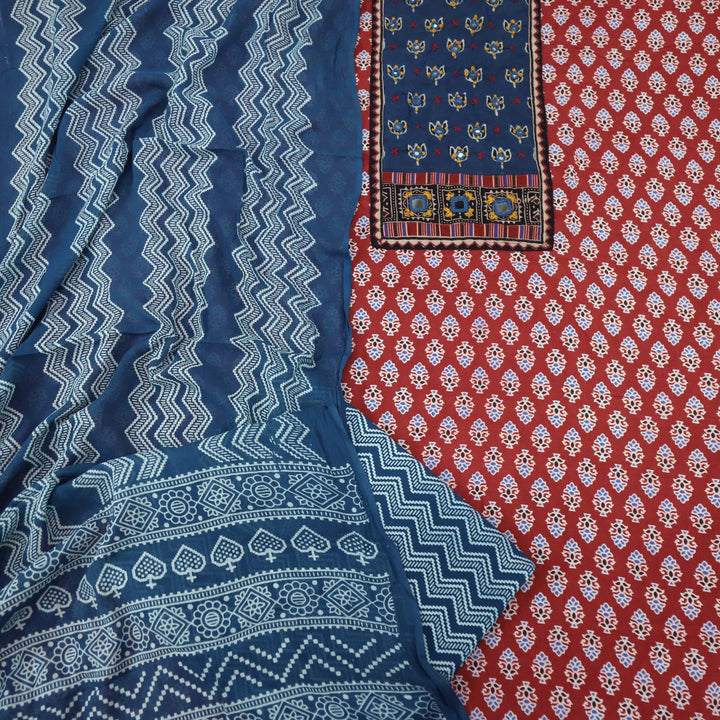Sukhmani Cherry Red Mirror Work with Ajrak Printed Cotton Suit Set