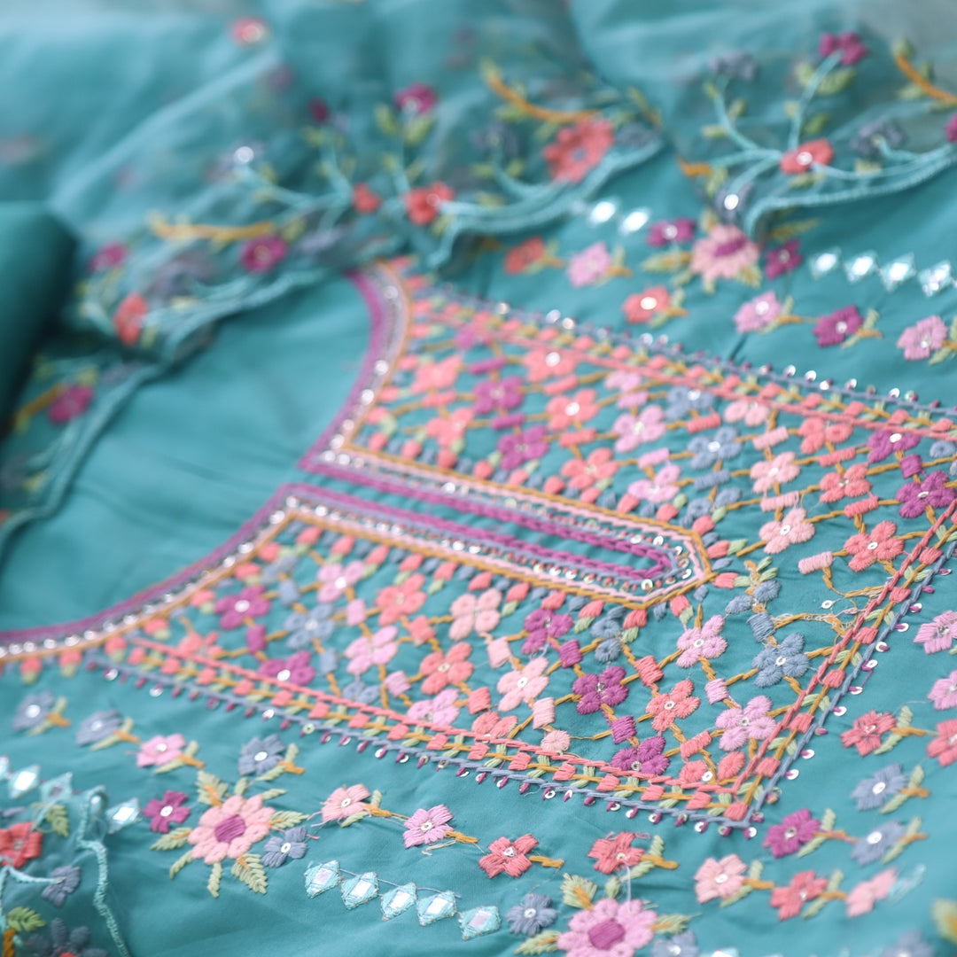 Ehtiyaat Teal Blue Thread work Neck Cotton Silk Suit Set