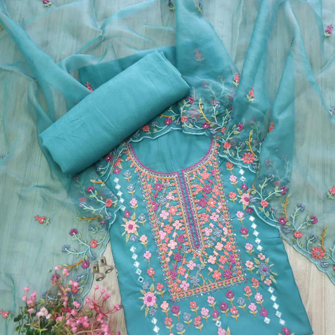 Ehtiyaat Teal Blue Thread work Neck Cotton Silk Suit Set