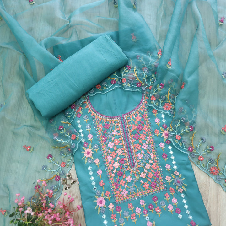 Ehtiyaat Teal Blue Thread work Neck Cotton Silk Suit Set
