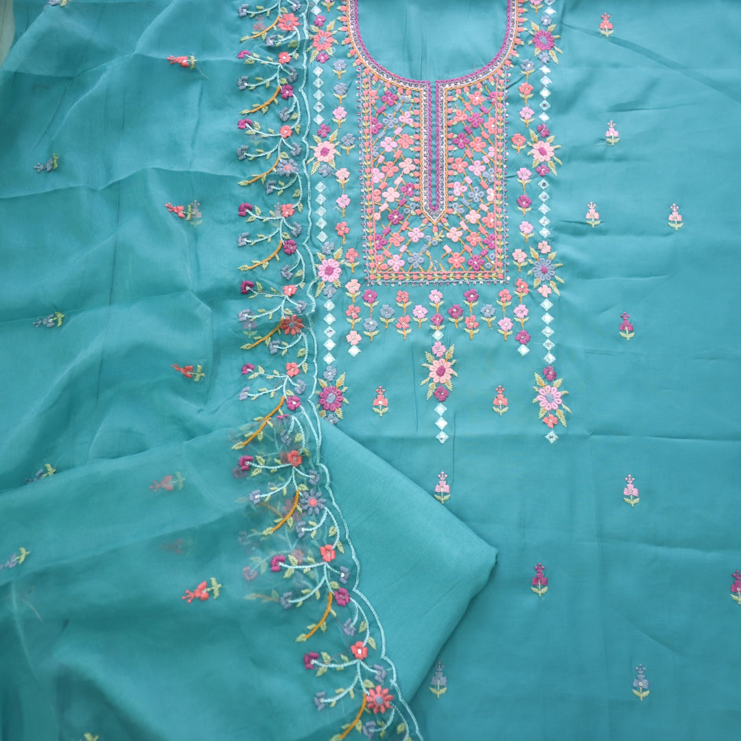 Ehtiyaat Teal Blue Thread work Neck Cotton Silk Suit Set