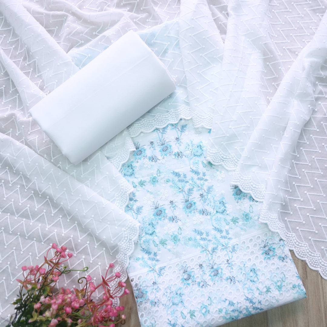 Hamsafar White with Blue Floral Printed Schiffli Work Cotton Suit Set