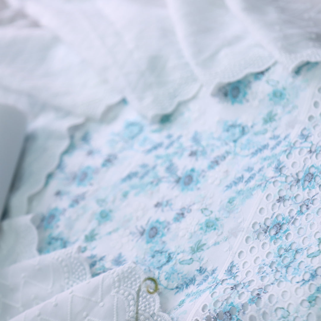 Hamsafar White with Blue Floral Printed Schiffli Work Cotton Suit Set
