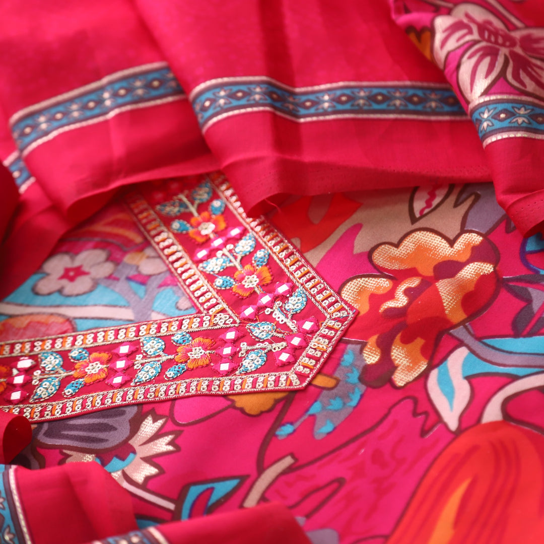 Rubiya Rani Pink V Neck Embellished Neck with Floral Print Modal Suit Set