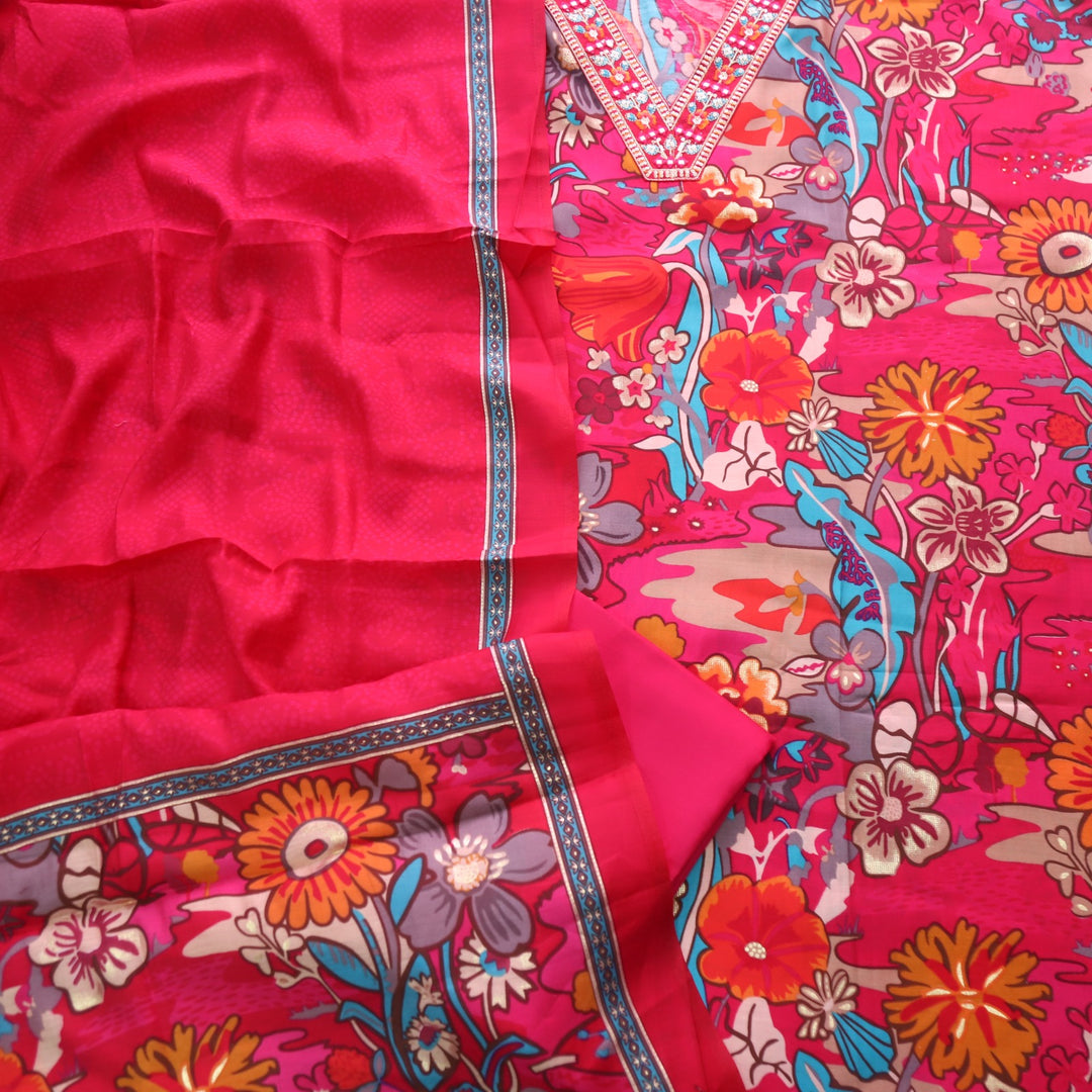 Rubiya Rani Pink V Neck Embellished Neck with Floral Print Modal Suit Set