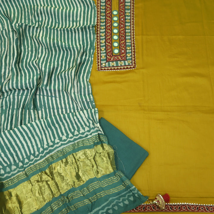 Farnaz Canary Yellow Mirror Work Glazed Cotton Top with Gajji Silk Dupatta