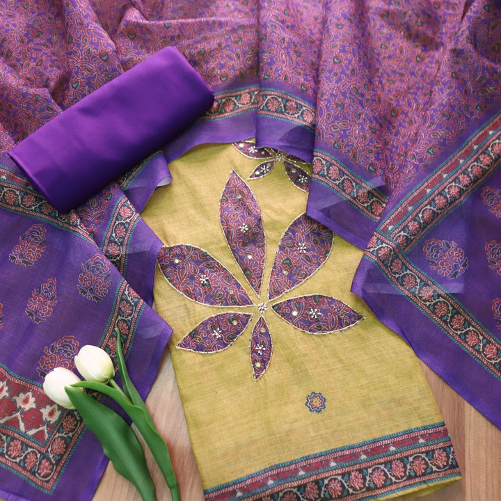 Rudrashi Mustard Yellow Kardana Work in Ajrak Printed Style Cotton Linee Suit Set